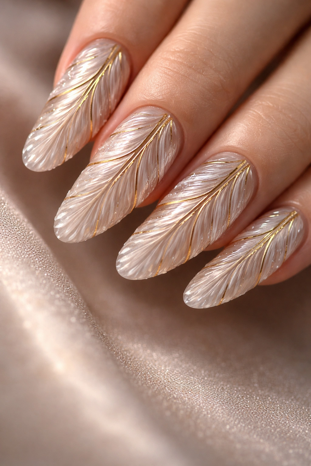 Macro shot of feathered 3D textured nails with metallic accents