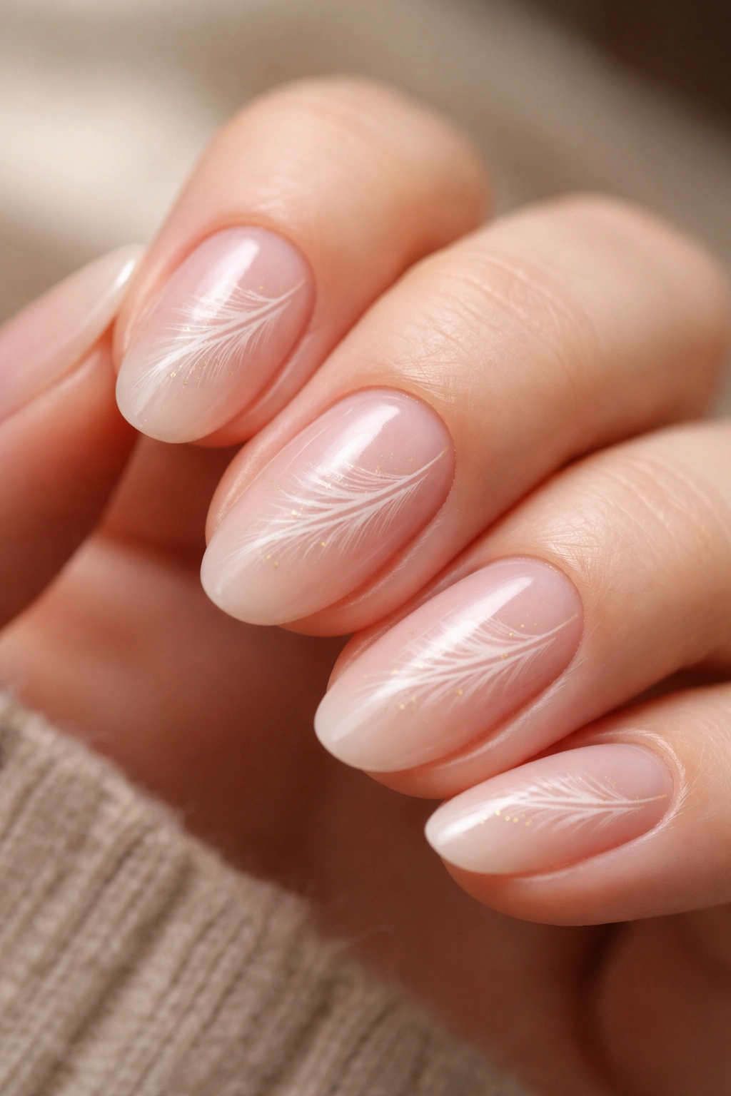 Close-up of short almond nails with a delicate feather accent on a sheer pink base
