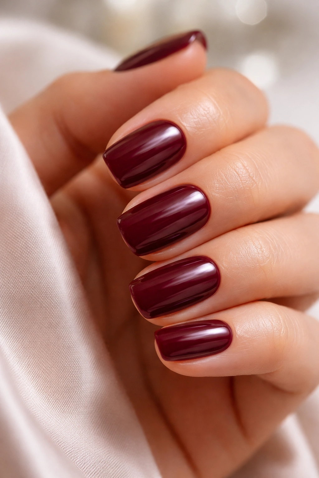 Rich burgundy short squoval nails with soft luminosity