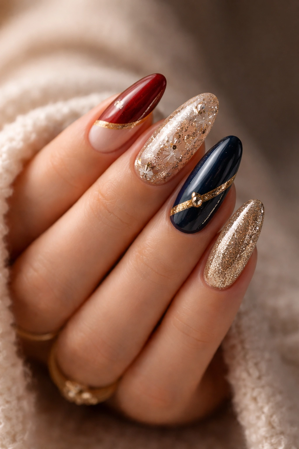 Close-up of balanced festive long oval nails in red, gold, and navy