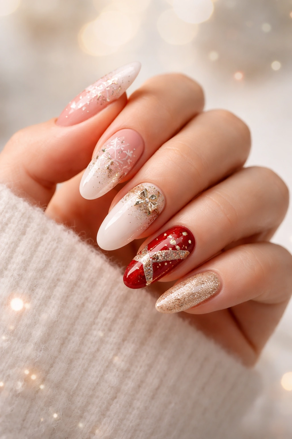 Close-up of hand with festive long round nails in a studio setup