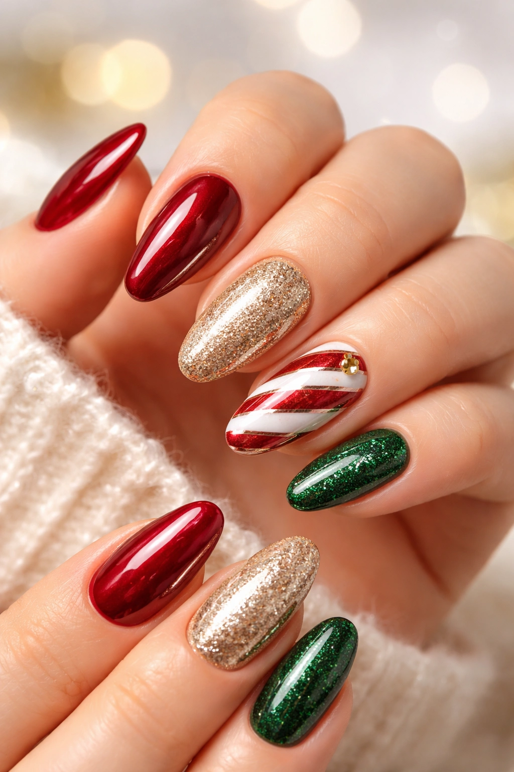 Close-up of hands with glossy festive nails