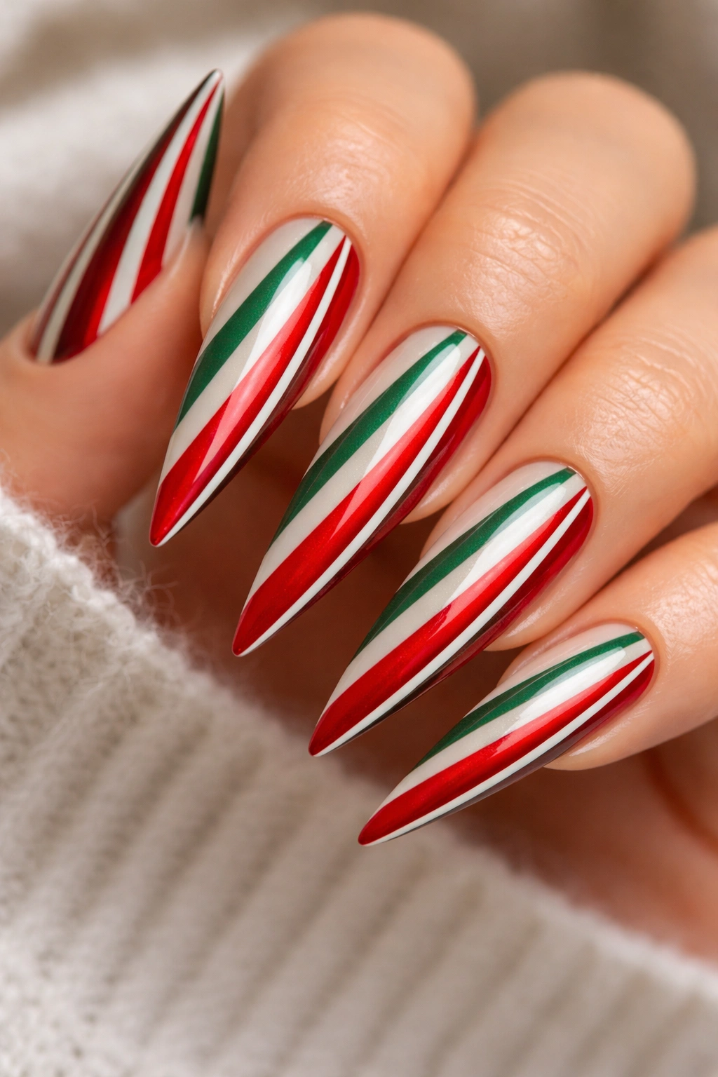 Close-up of stiletto nails with red and green striped pattern