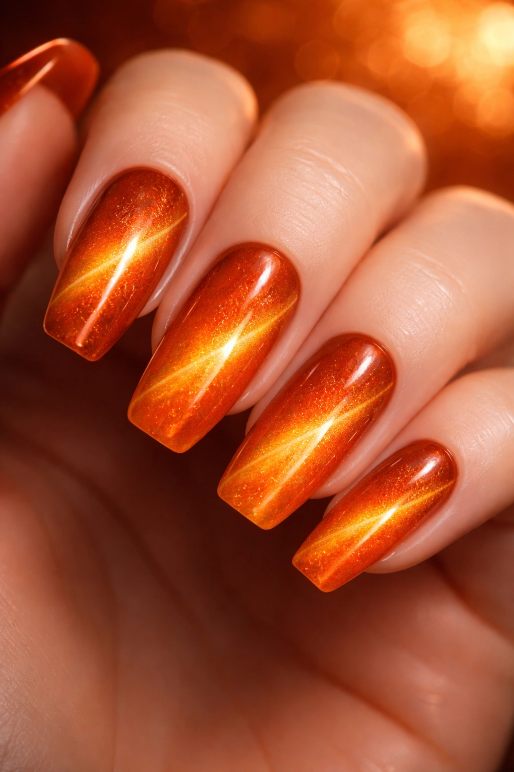 Fiery orange ombré nails with magnetic shimmer from burnt orange to tangerine