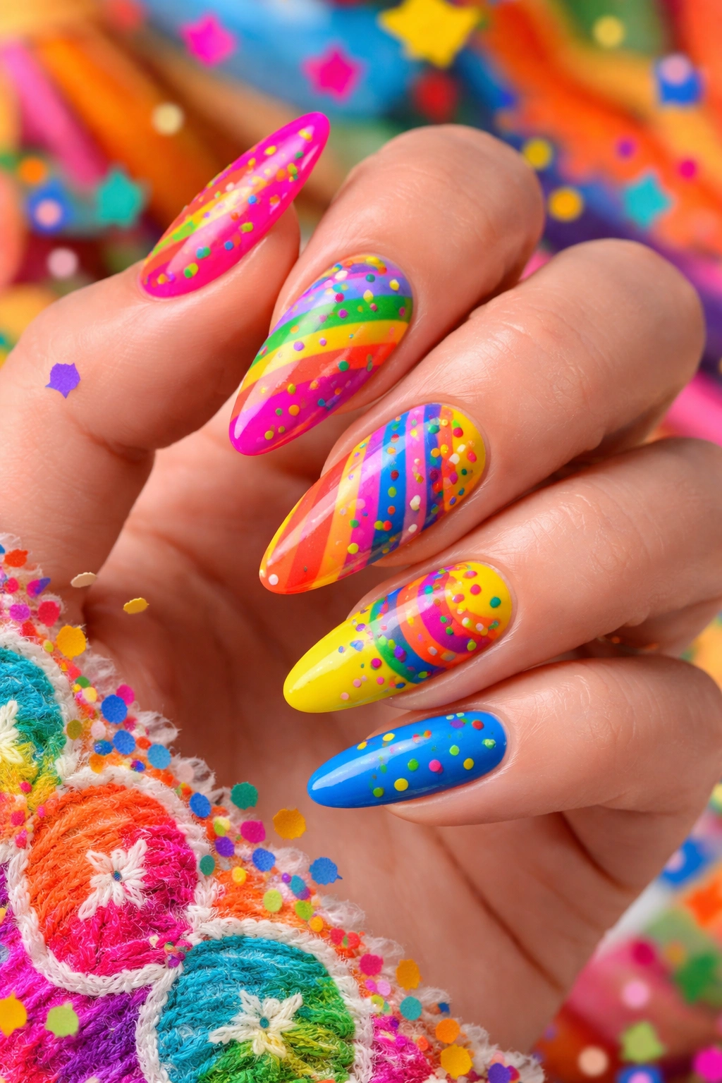 Close-up nails with rainbow Fiesta patterns in multiple bright colors.