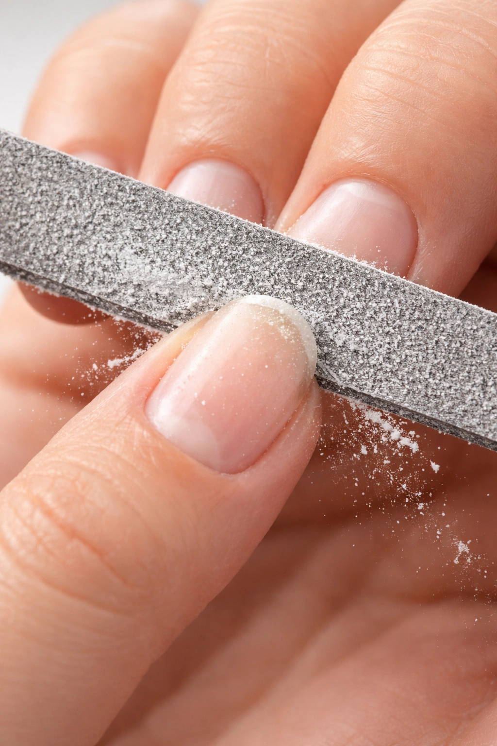 Close-up of a hand demonstrating back-and-forth filing across a nail, illustrating improper technique
