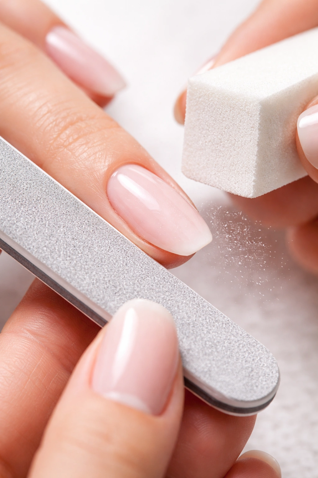 Close-up of nail being filed to shape with smooth edges
