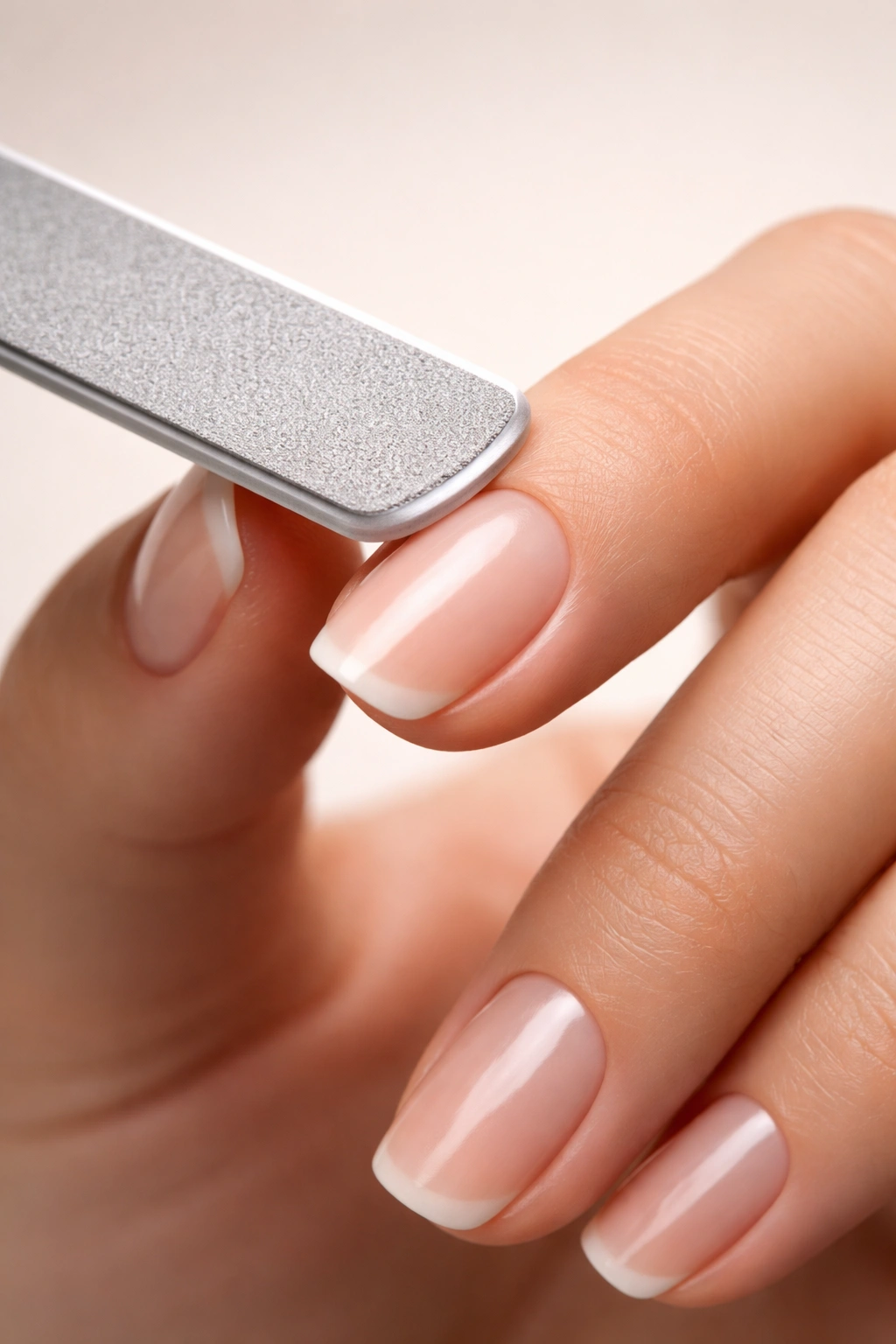 Nail being filed at a 45-degree angle to create squoval shape