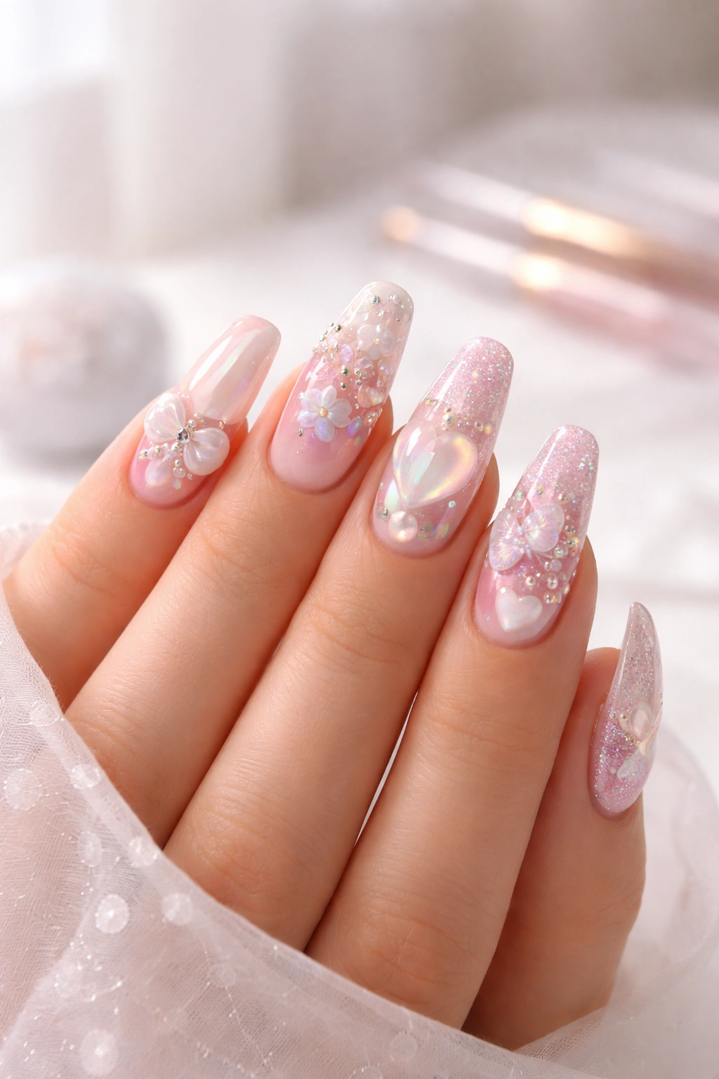 Finished 3D nails on a hand in a calm studio setting