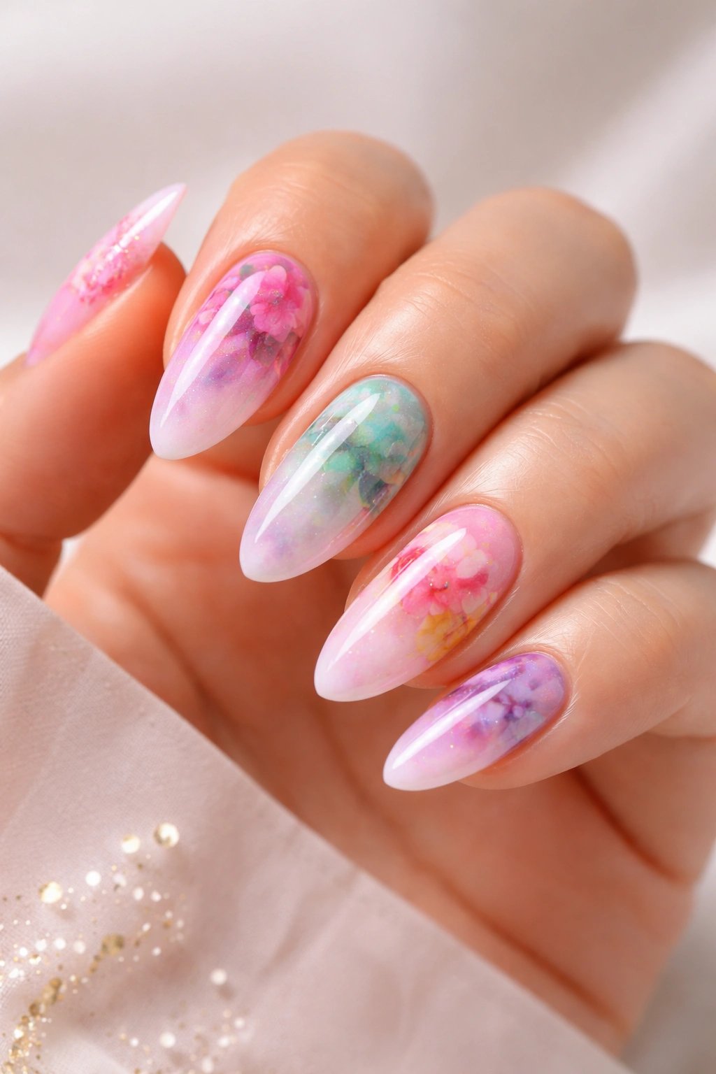 Finished blooming gel manicure with glossy shine on hand