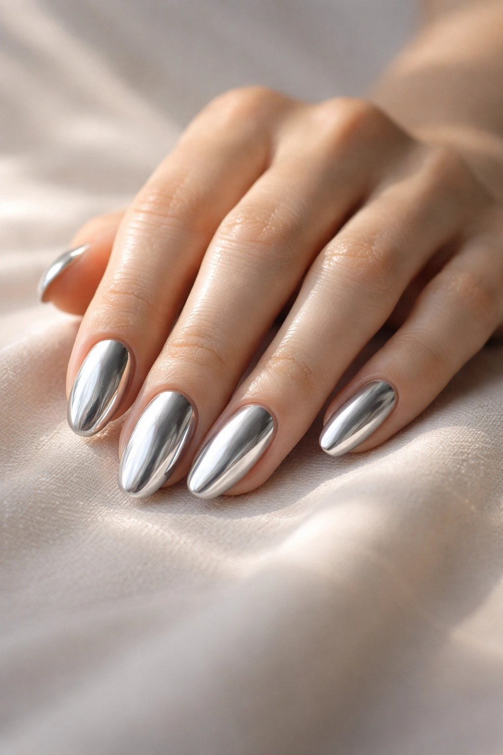 Hand with mirror-like chrome nails resting on a neutral surface