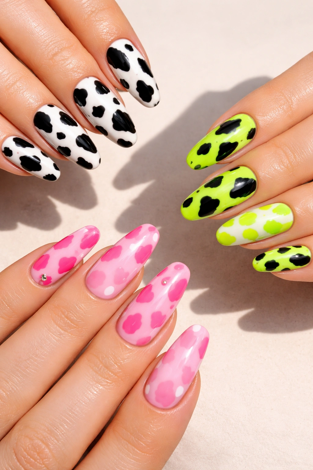 Hand with finished cow print nails in multiple color variants