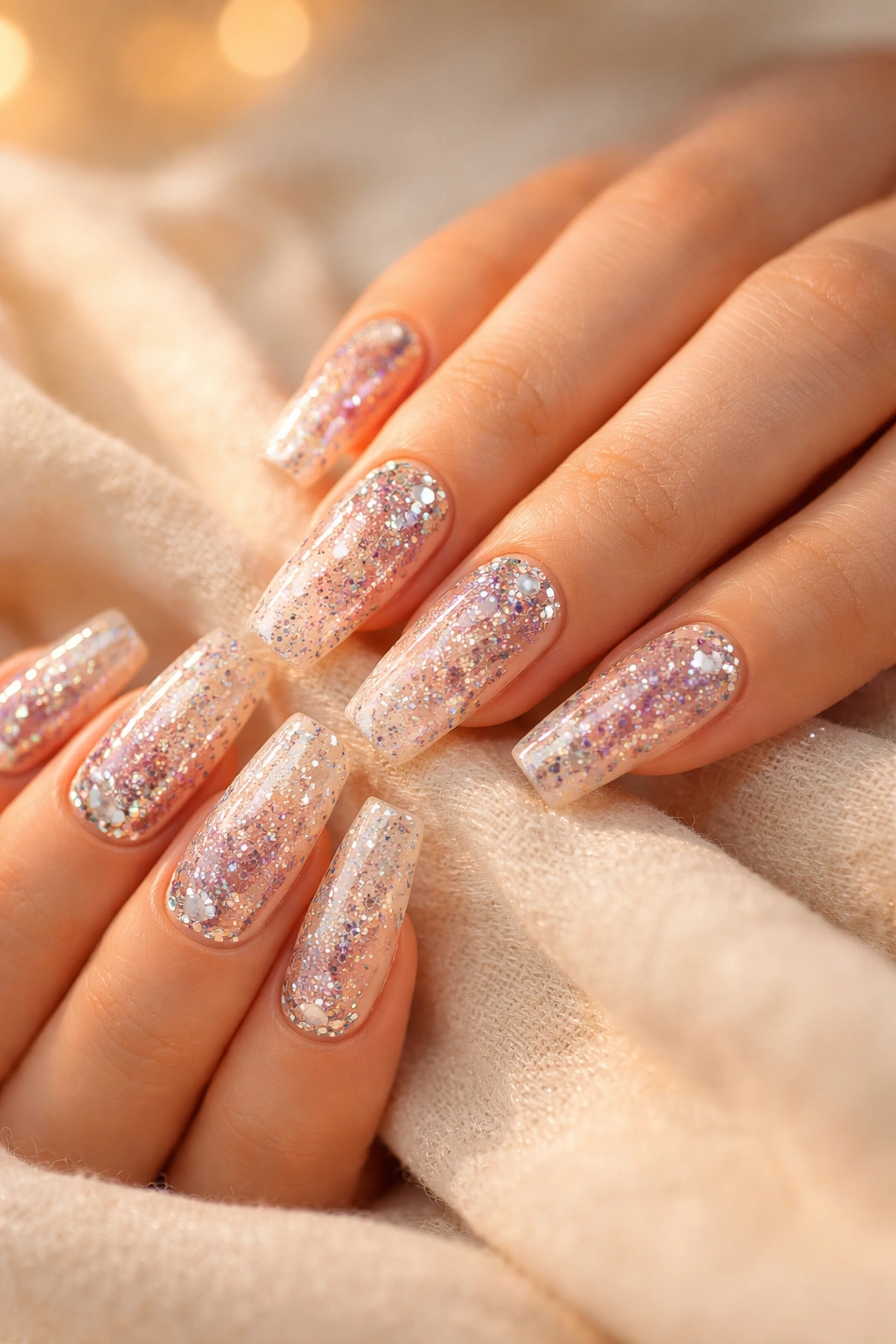 Close-up of glitter nails resting on soft fabric with sparkling nails