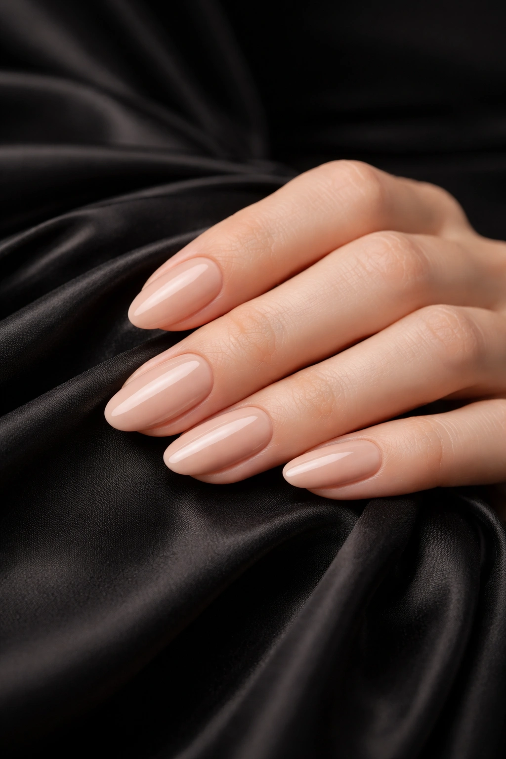 Close-up of nude nails on a hand resting on dark fabric
