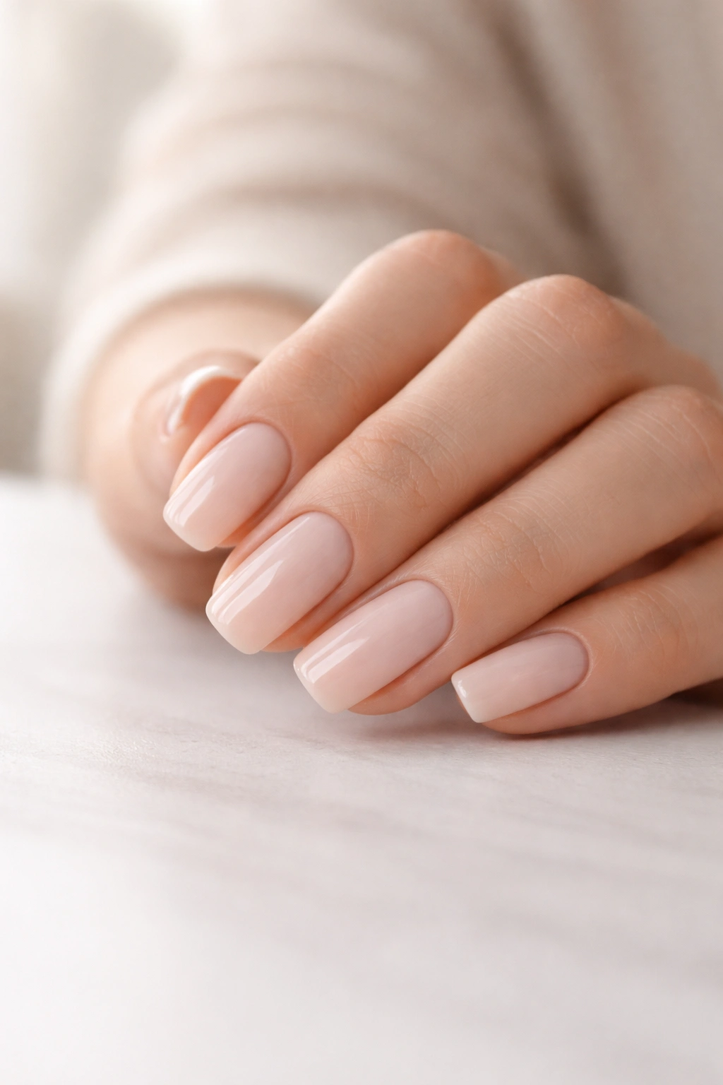 Close-up of a hand with a soft neutral manicure in thoughtful pose