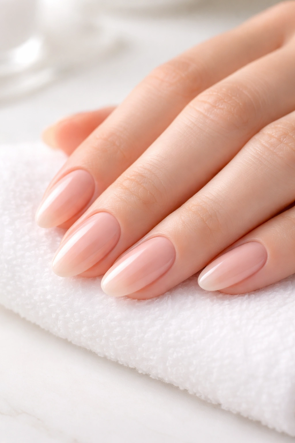 Hand with glossy oval nails resting on a clean surface