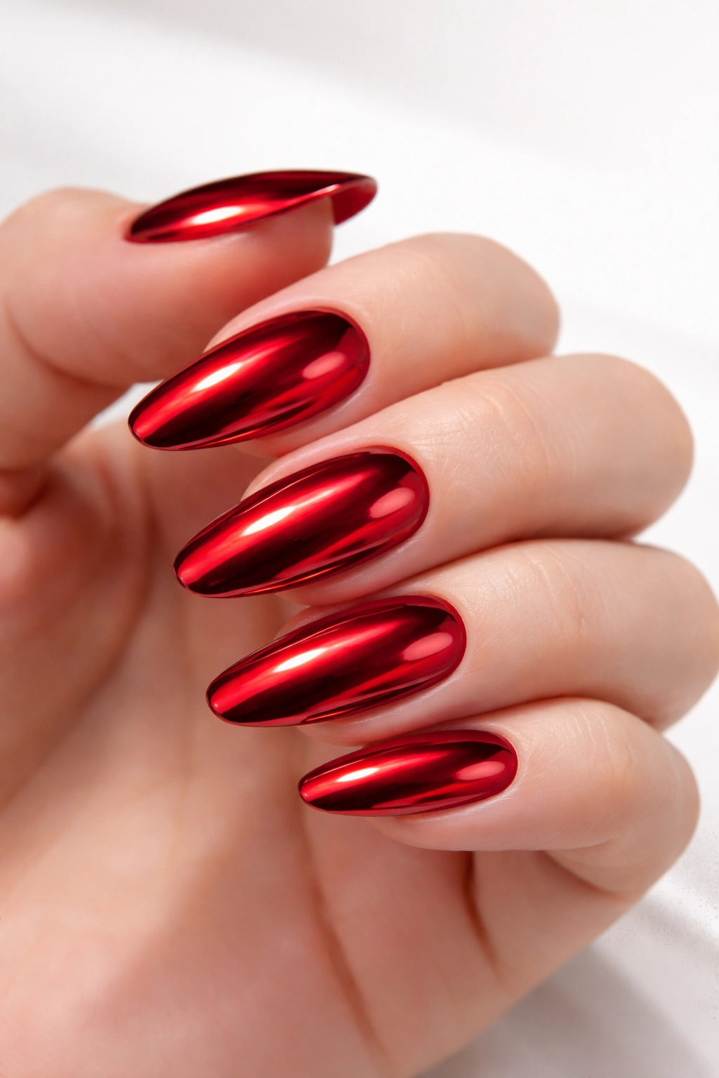 Close-up of final red chrome nails with mirror finish