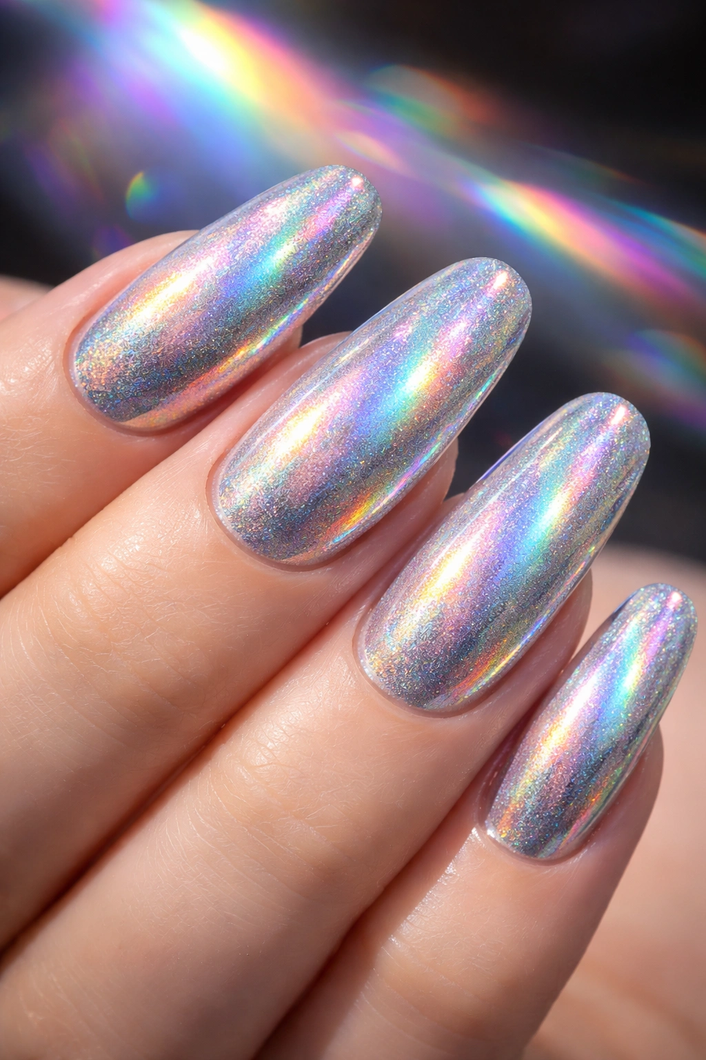 Holographic nails catching rainbow reflections under light