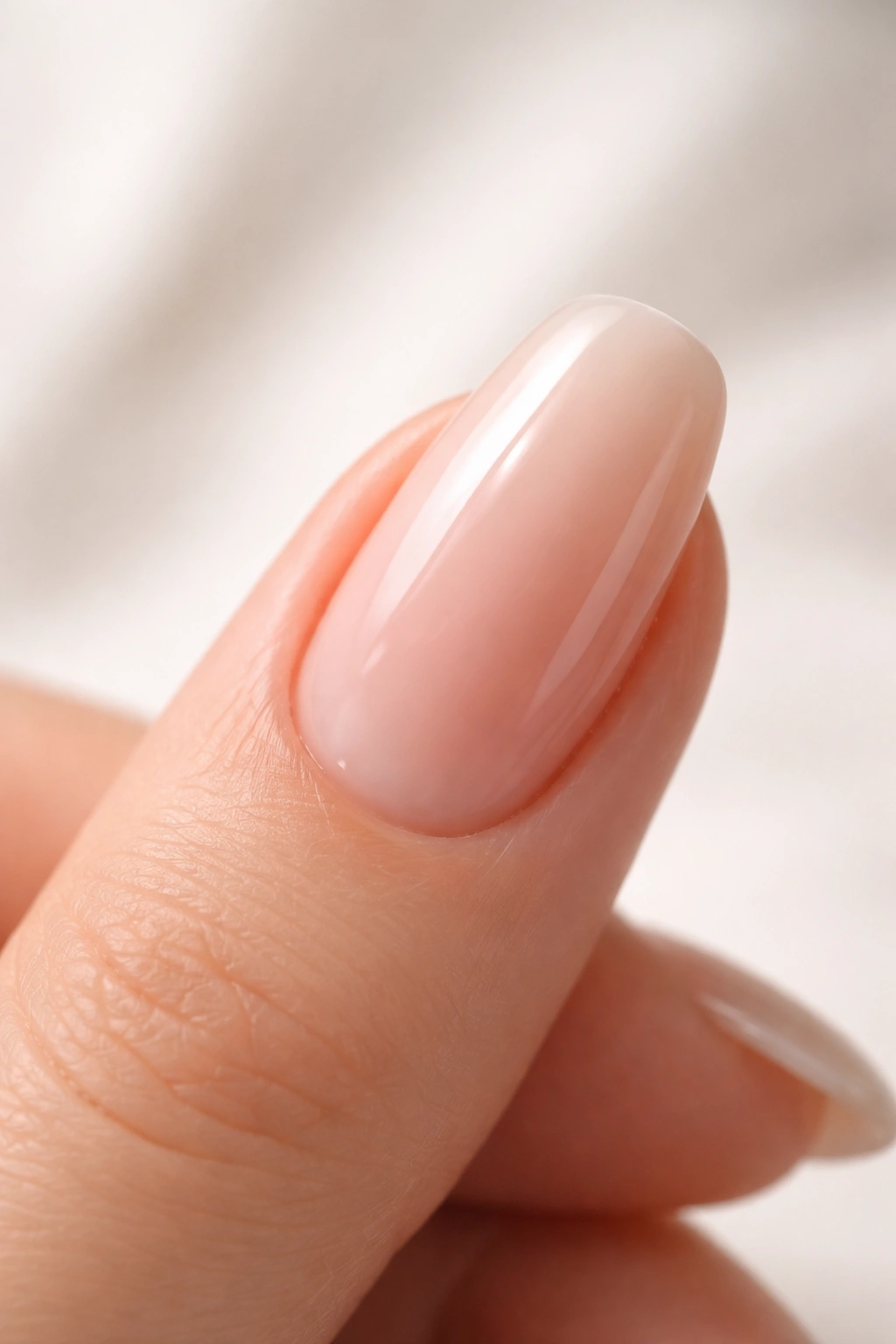 Close-up of a flawless acrylic nail with glossy finish on a neutral background