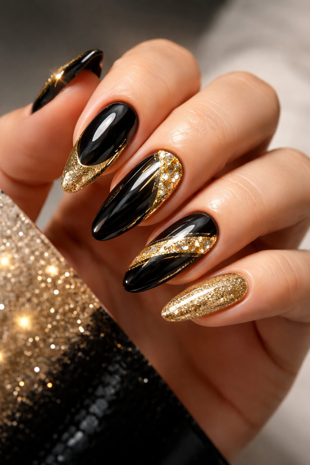 Chic black and gold manicure on a hand