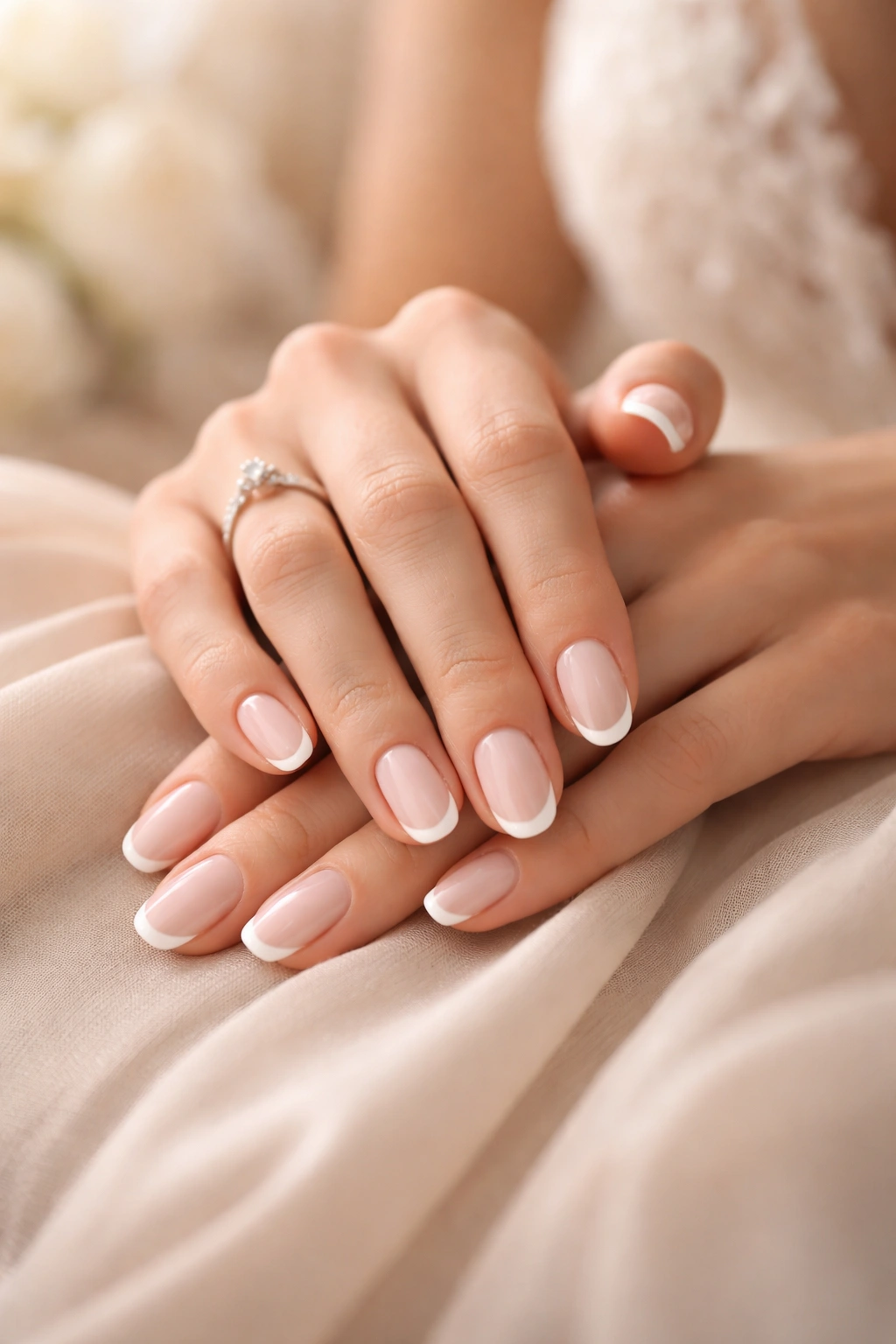 Close-up of hands with a bridal manicure on neutral fabric
