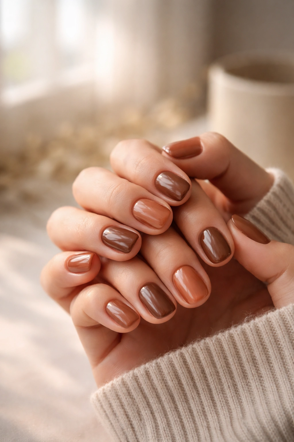 Close-up of hands with brown nails in a calm minimal setting