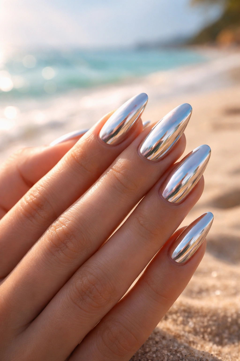 Hand with reflective chrome nails in a calm beach setting