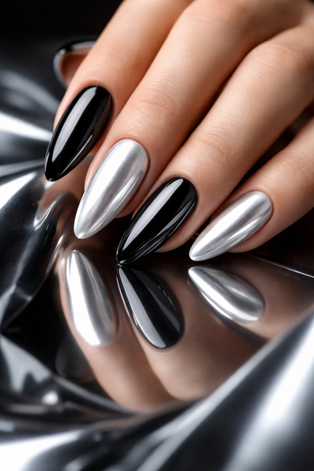 Close-up of hand with black and white chrome nails on reflective surface