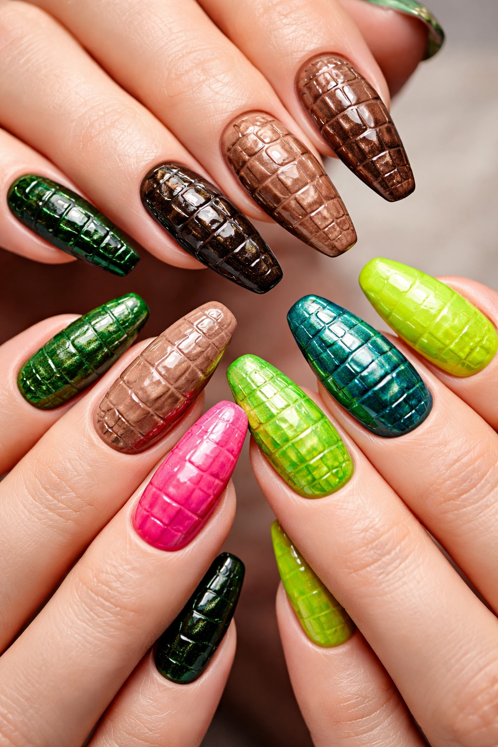 Close-up of crocodile texture nails in versatile colors showing texture depth