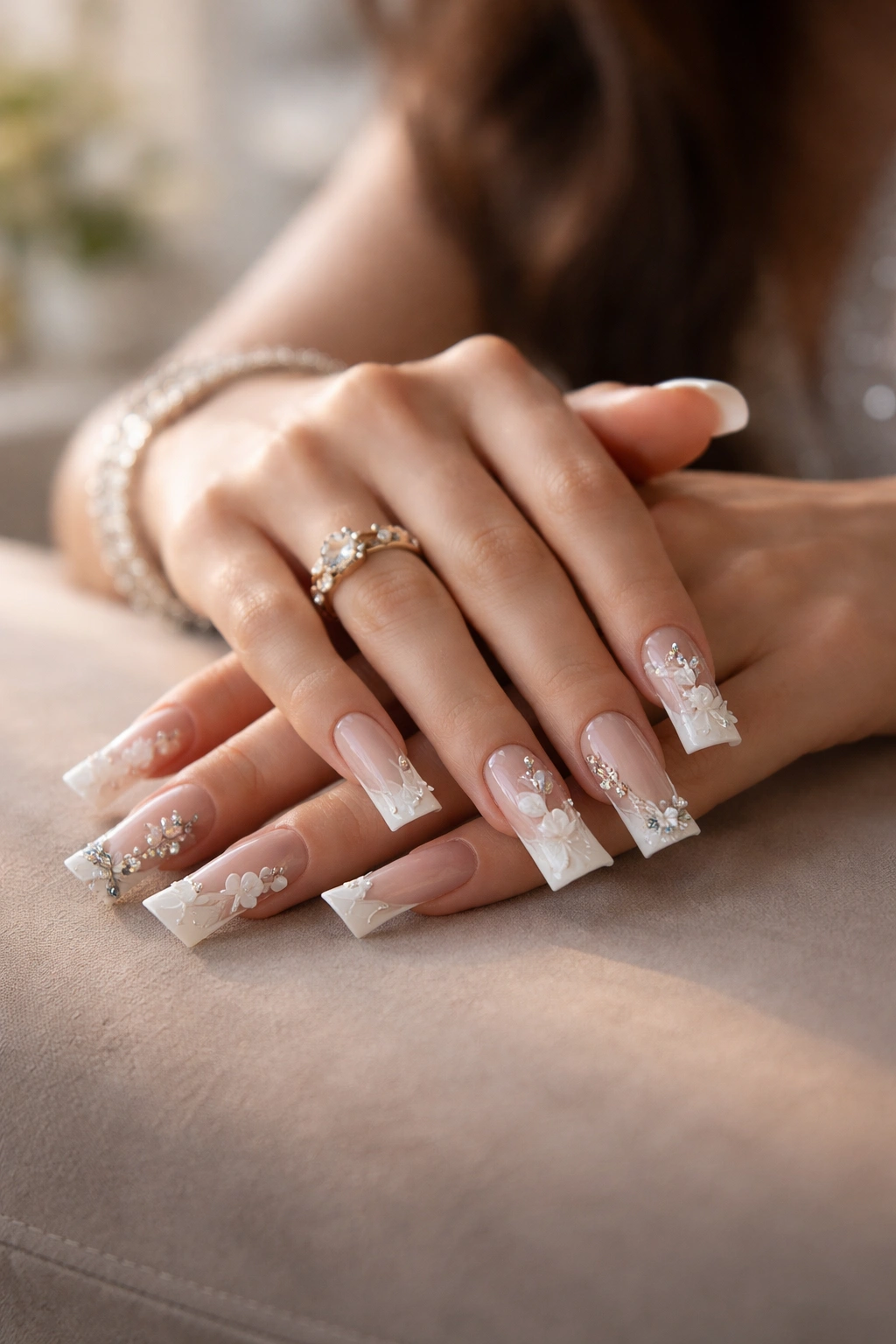 Close-up of duck nails in a contemplative pose on a neutral surface