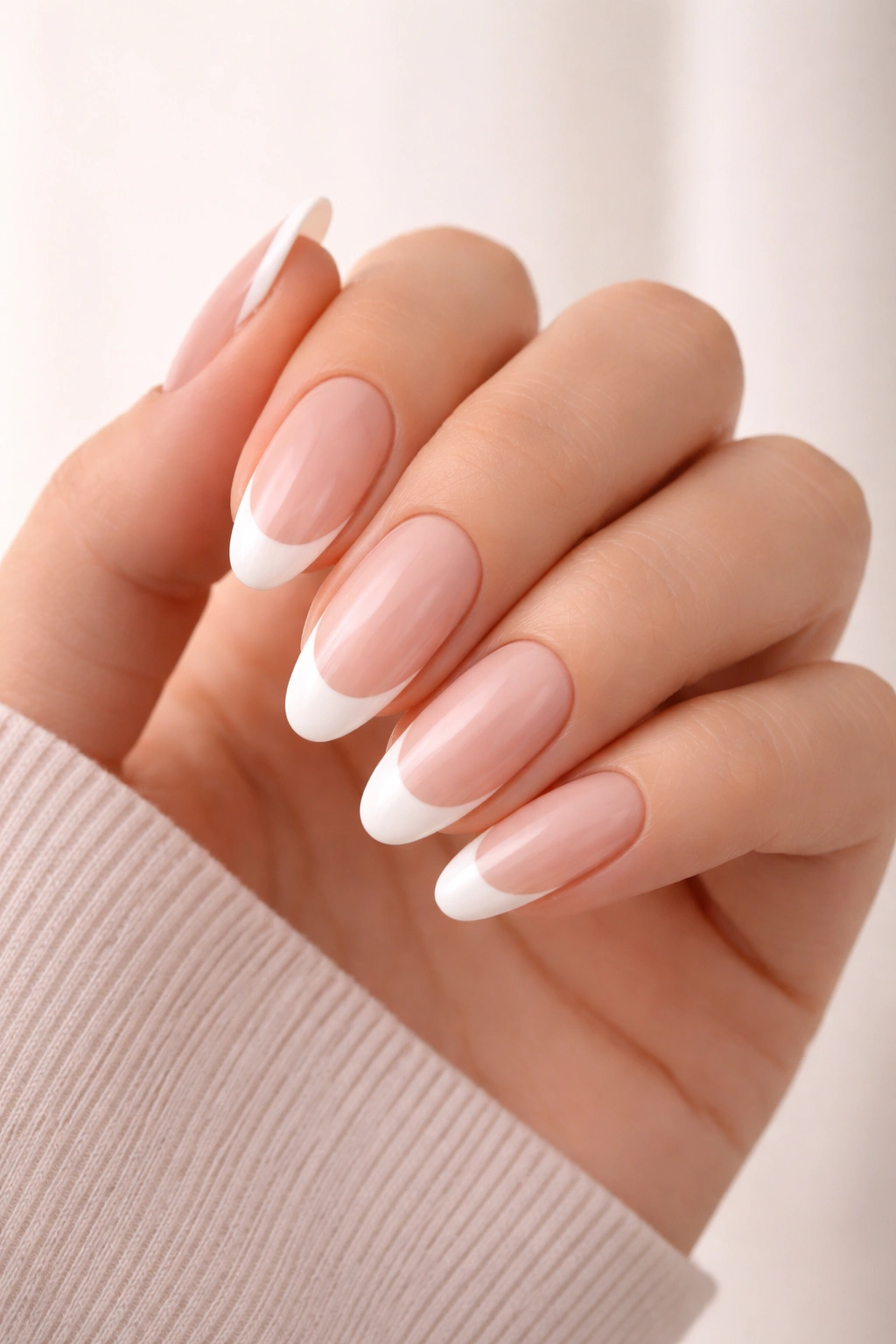 Close-up of hand with French tip oval nails and glossy finish