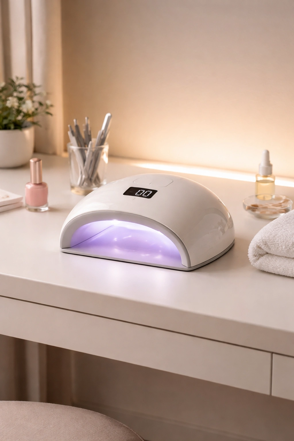 Minimalist manicure station with a single premium nail lamp