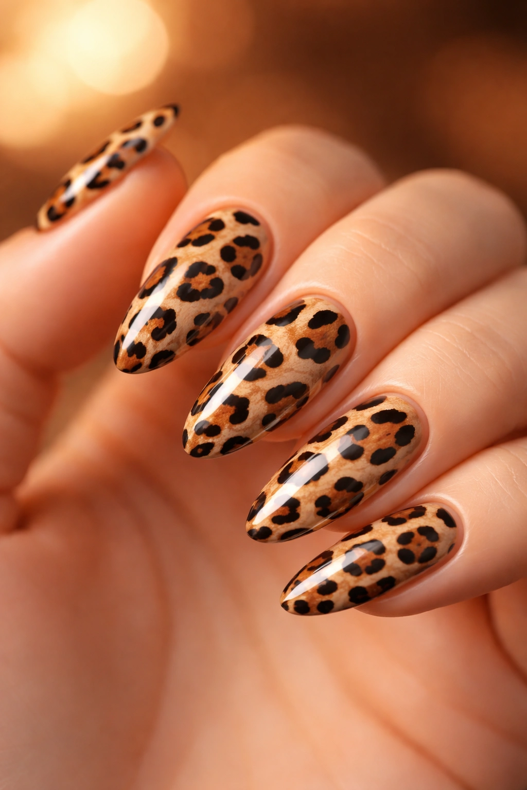 Close-up of leopard print nails reflecting a confident final look