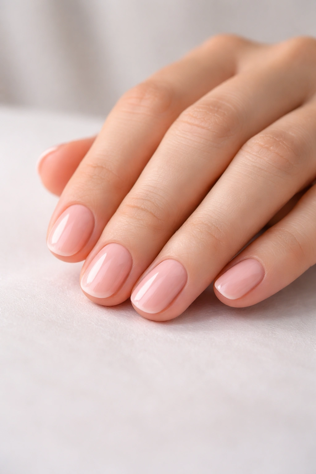 Close-up of a hand with short, neatly manicured nails on a neutral surface