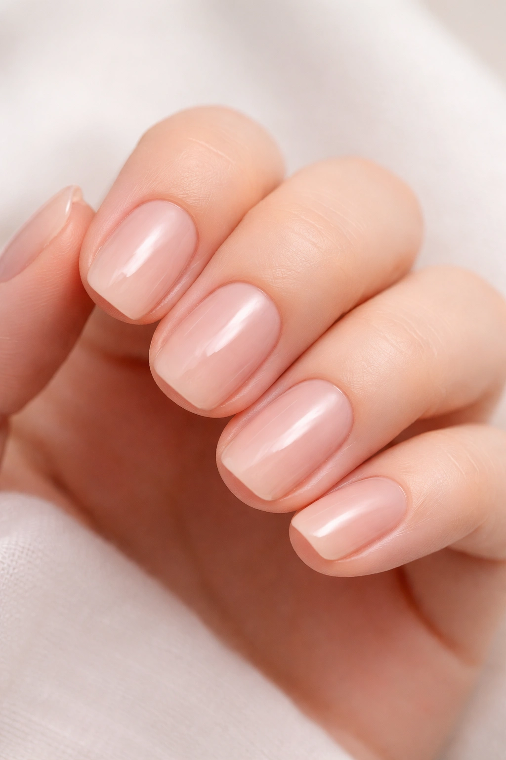 Minimalist hand with nude squoval builder gel nails in a calm, neutral setting