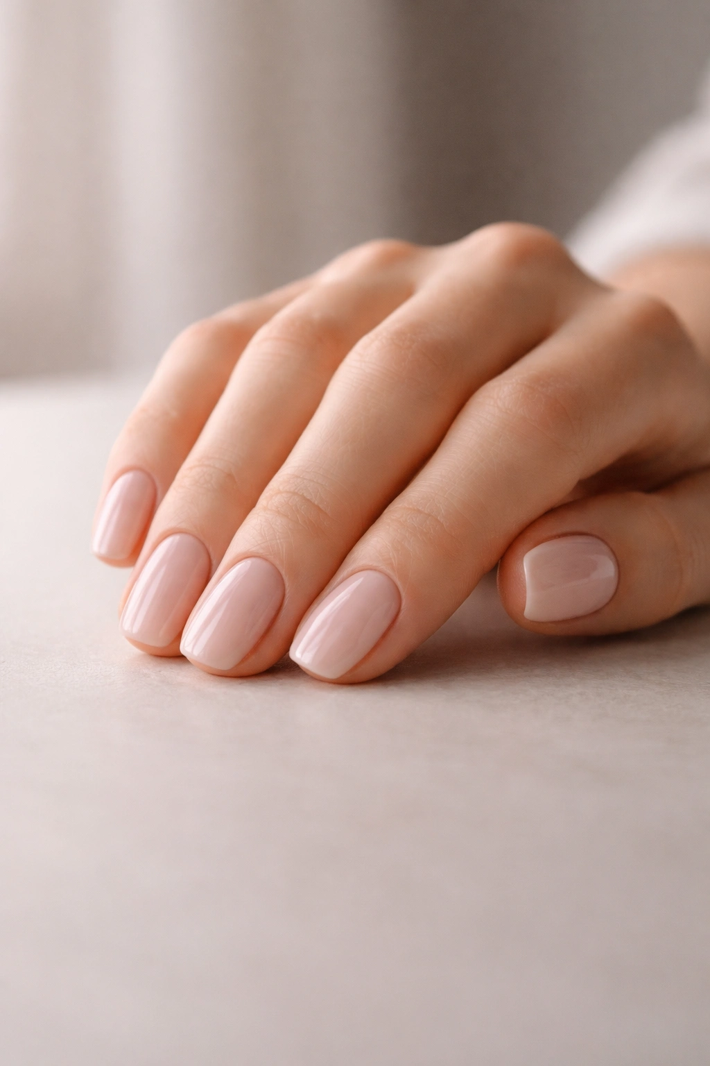 Close-up of a hand with salon-quality manicure nails resting on a clean surface