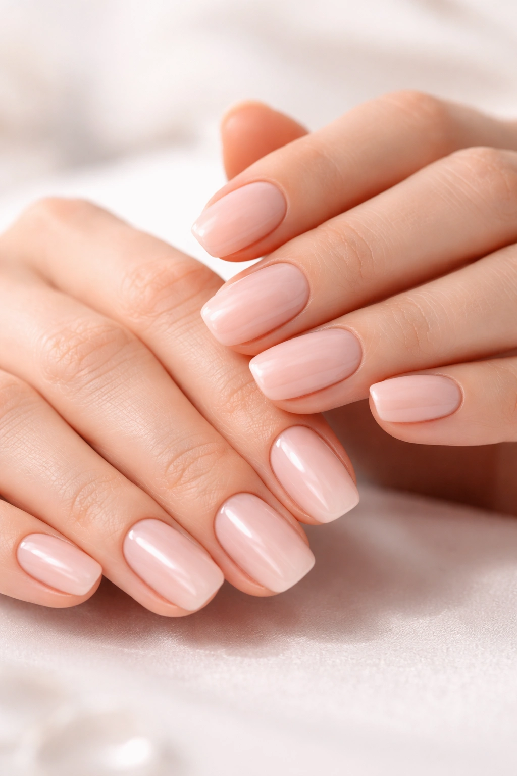 Close-up of hands with a pristine glossy manicure and neatly shaped nails