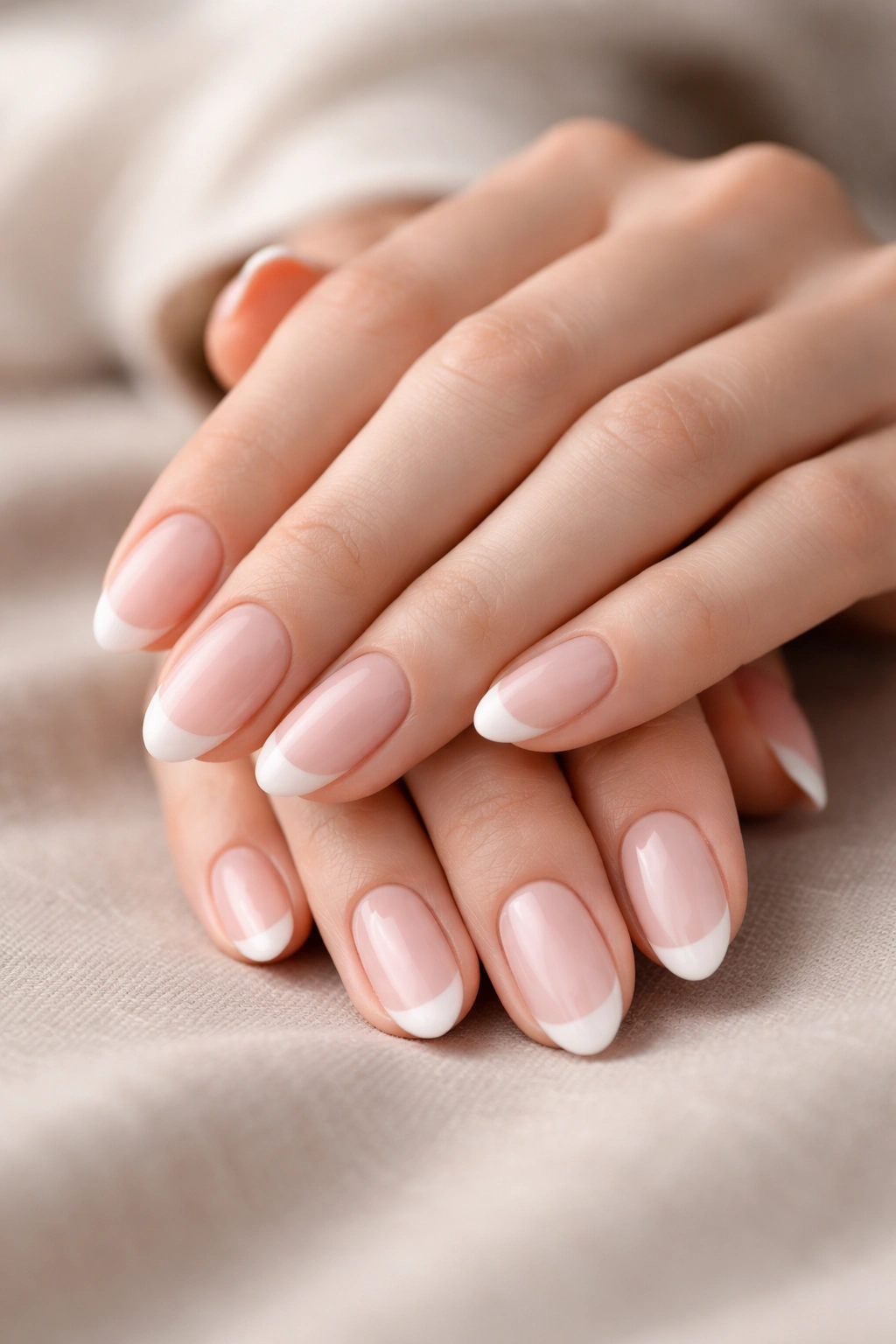 Close-up of hands with simple elegant manicure on neutral surface