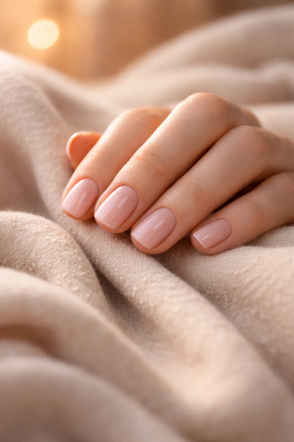 Close-up of a calm hand with manicured nails on soft fabric