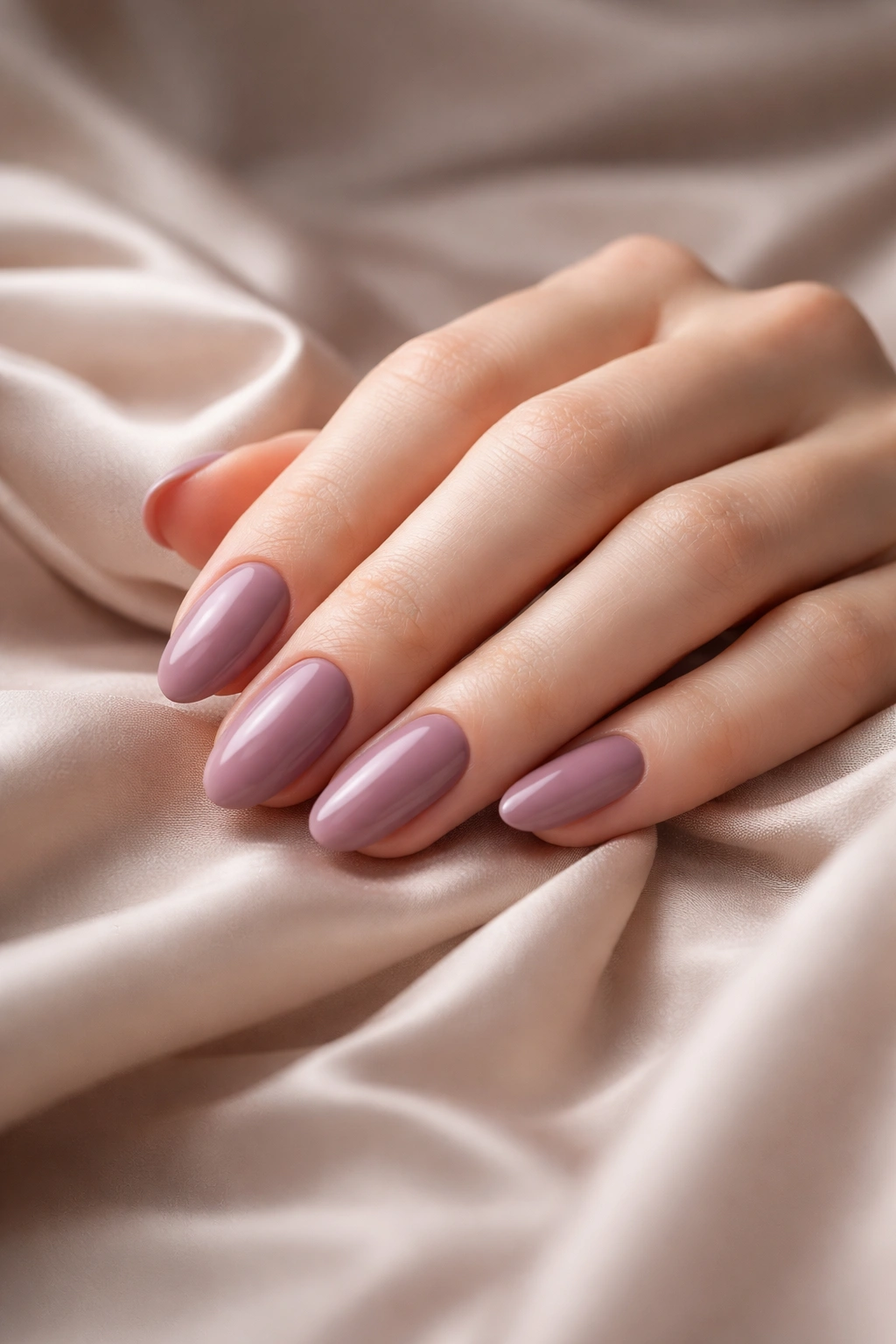 Close-up of a hand with mauve nails on soft fabric in a calm, reflective mood