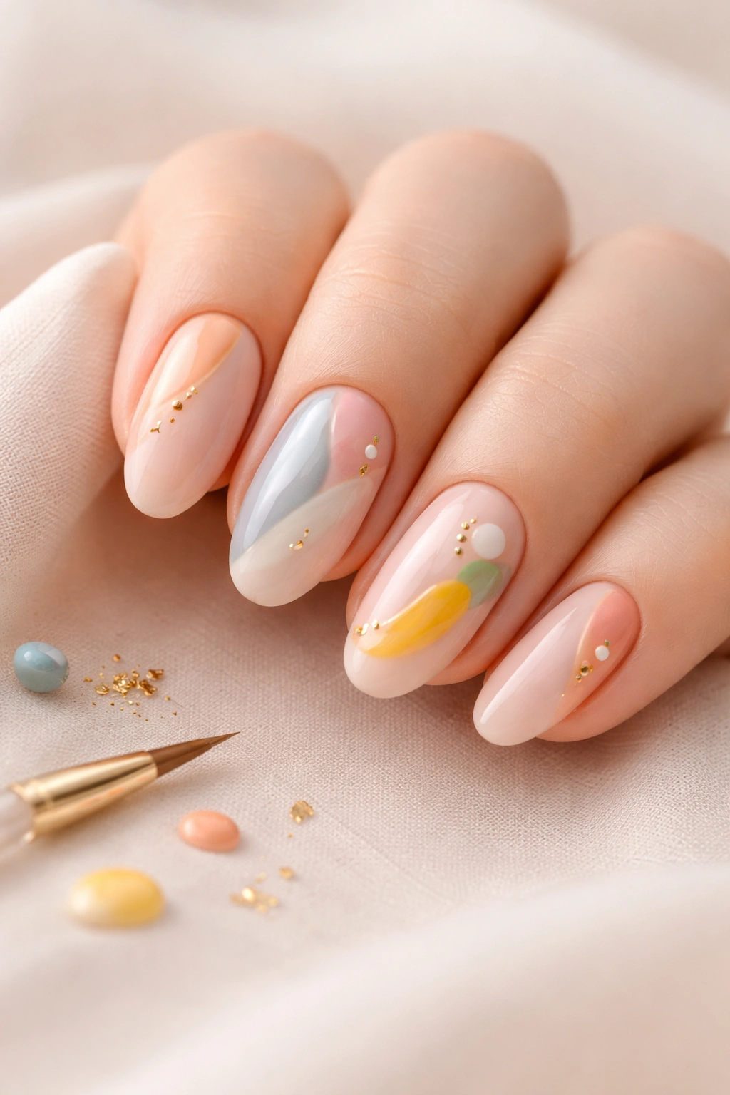 Nails displaying subtle abstract patterns on a neutral background