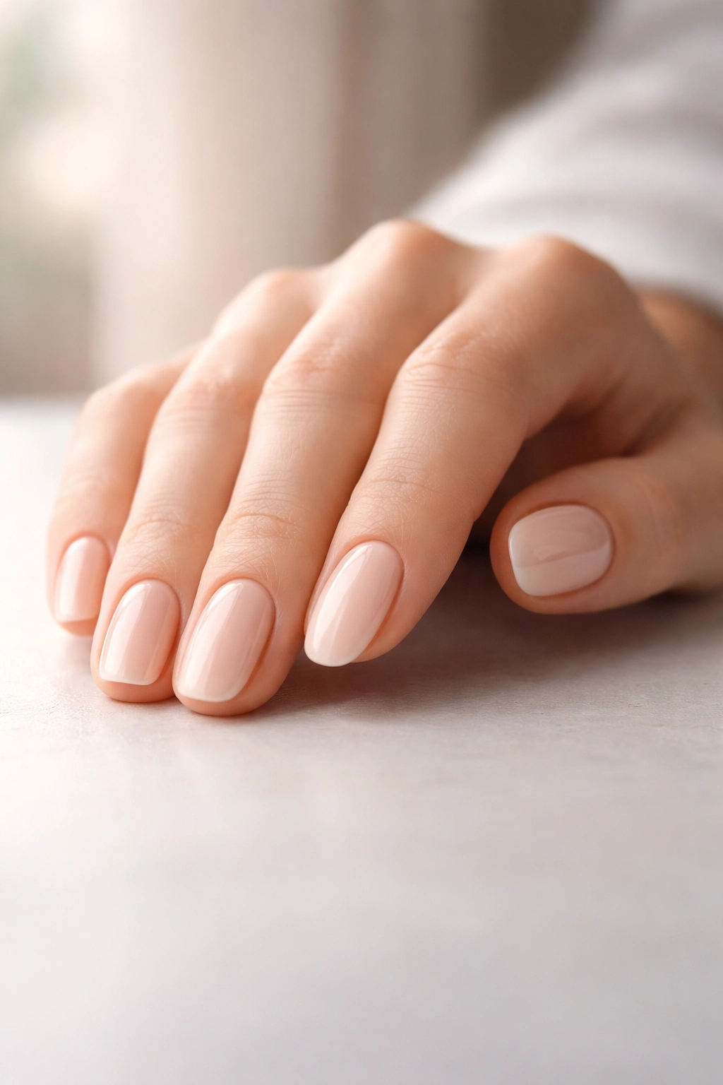 Single hand with neatly shaped nails in contemplative pose