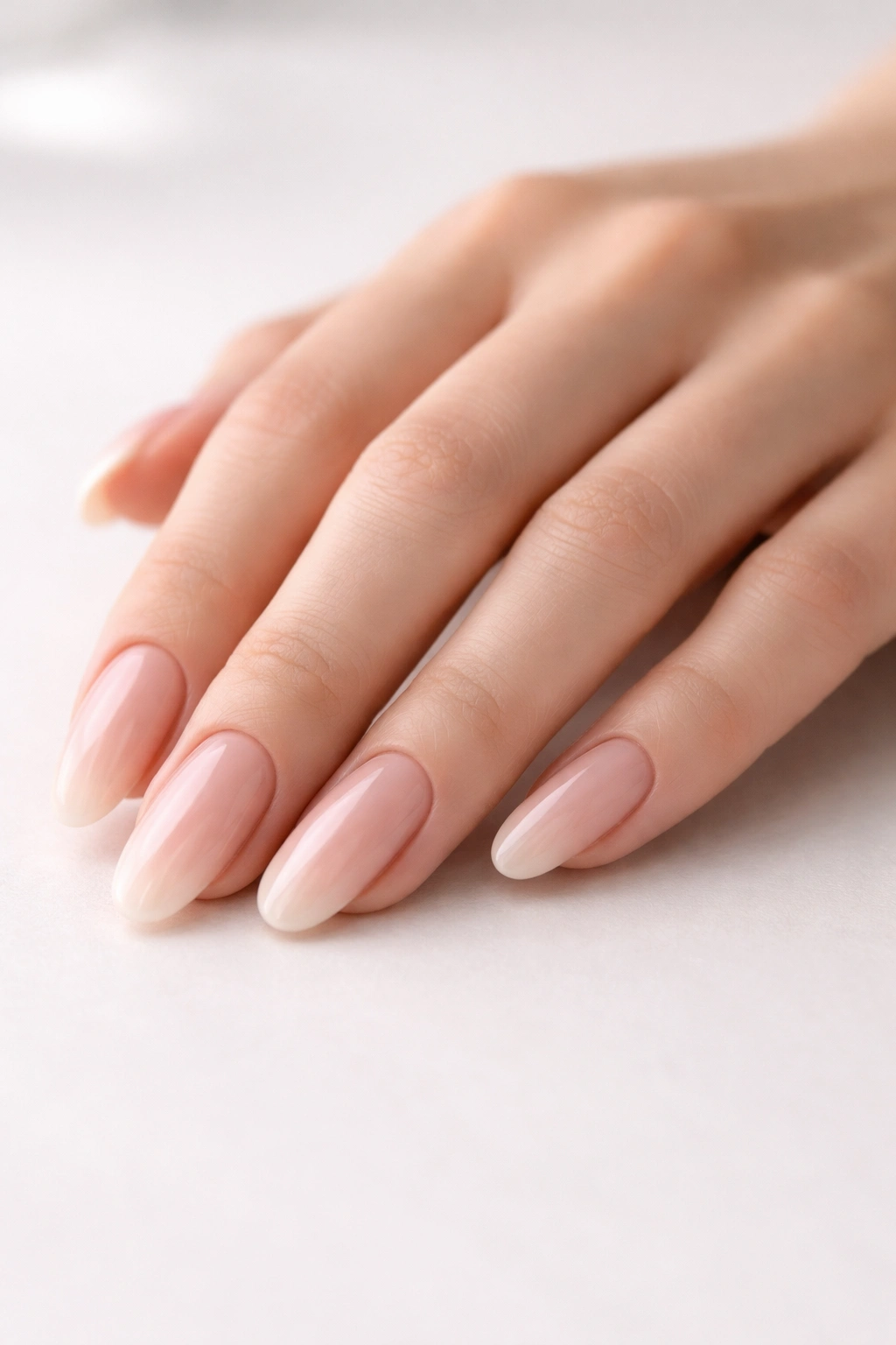 Close-up of a hand with well-groomed long oval nails on a clean surface.