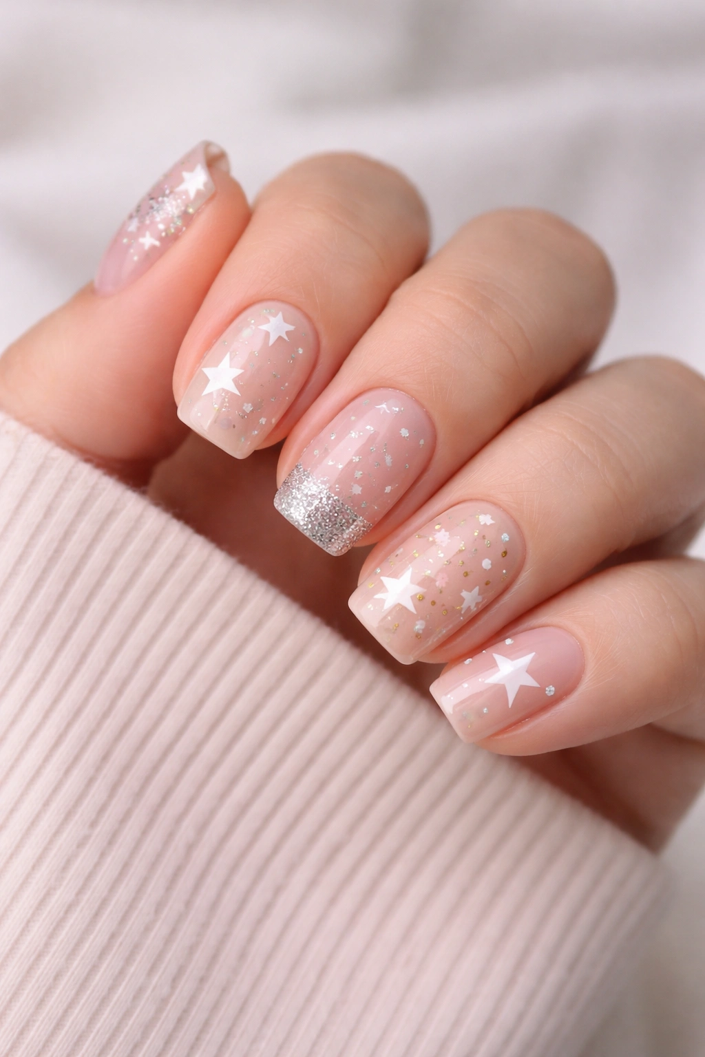 Close-up of final-thoughts manicure on short squoval nails with stars
