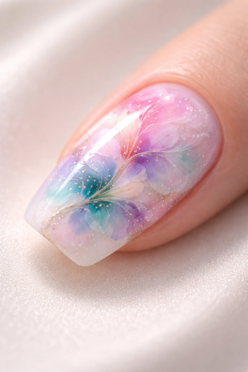 Close-up of a single blooming gel nail on a neutral surface