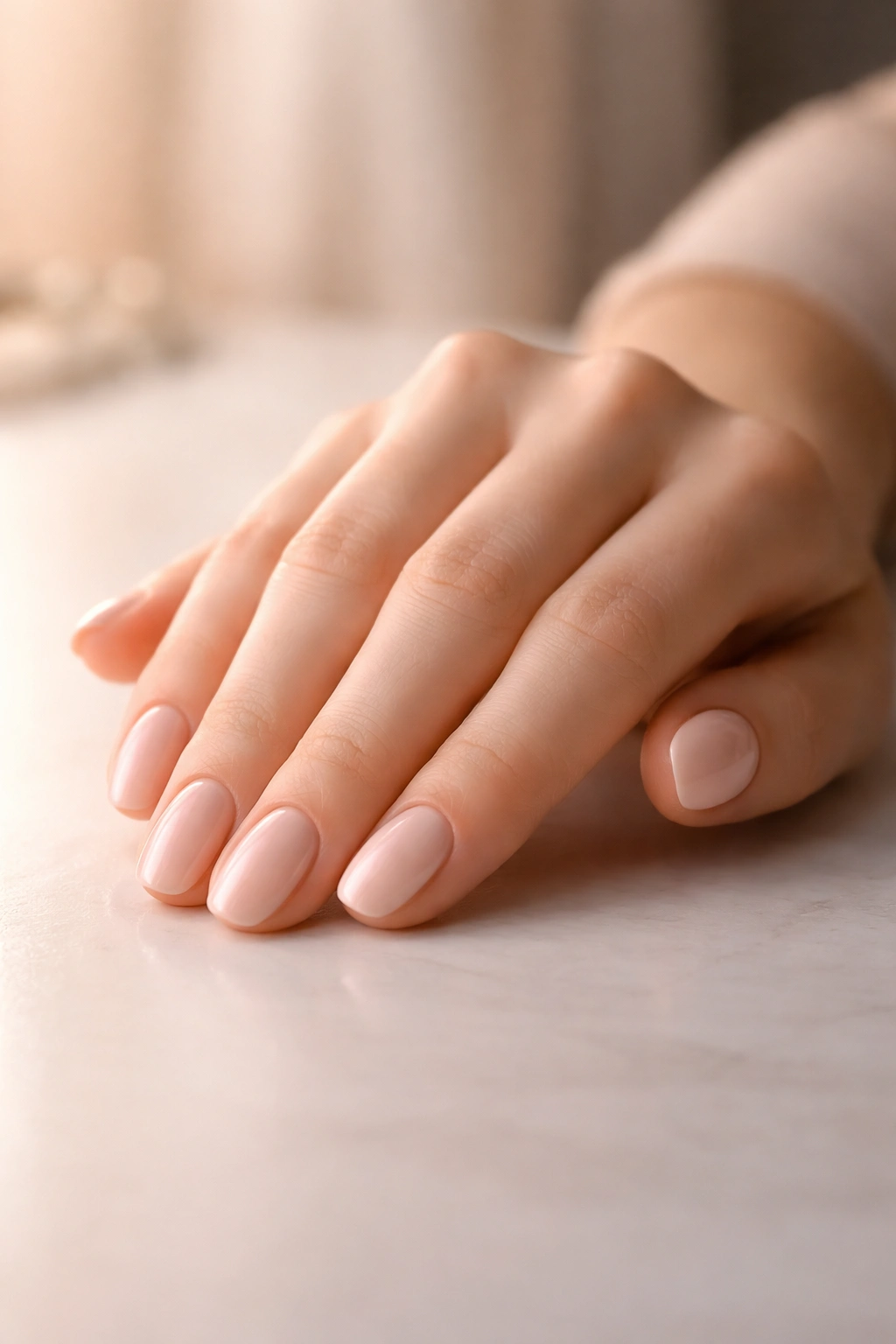 Close-up of hand with neutral nails resting on surface
