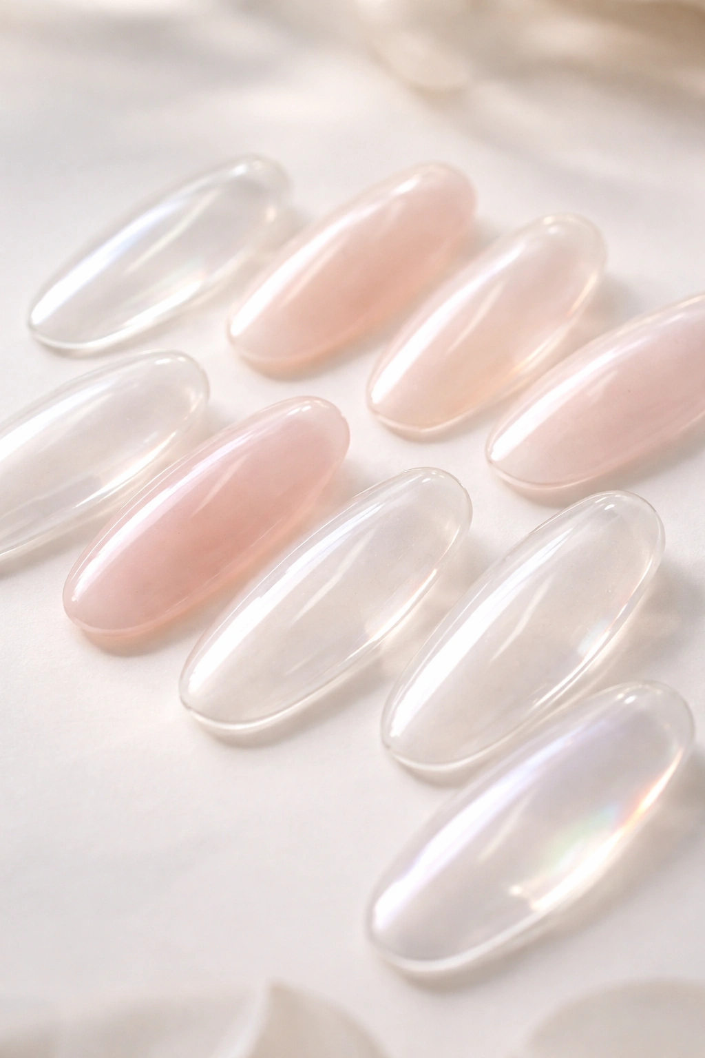 Close-up of multiple long oval glass nails in varied sheer finishes