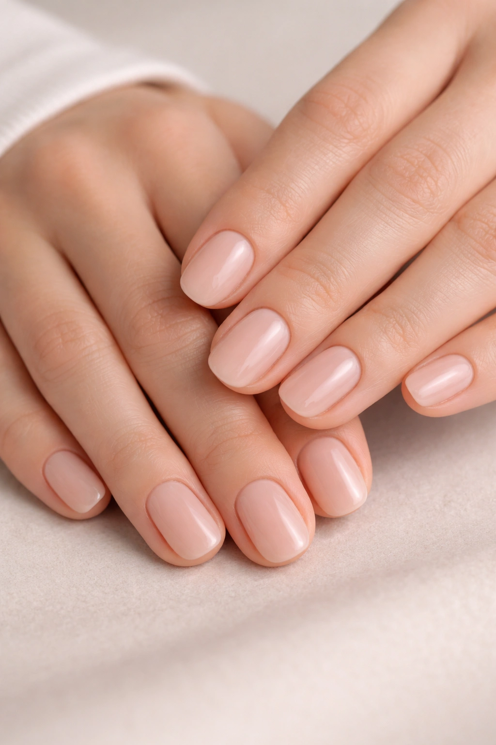 Close-up of two hands with short nude gel nails on a neutral surface