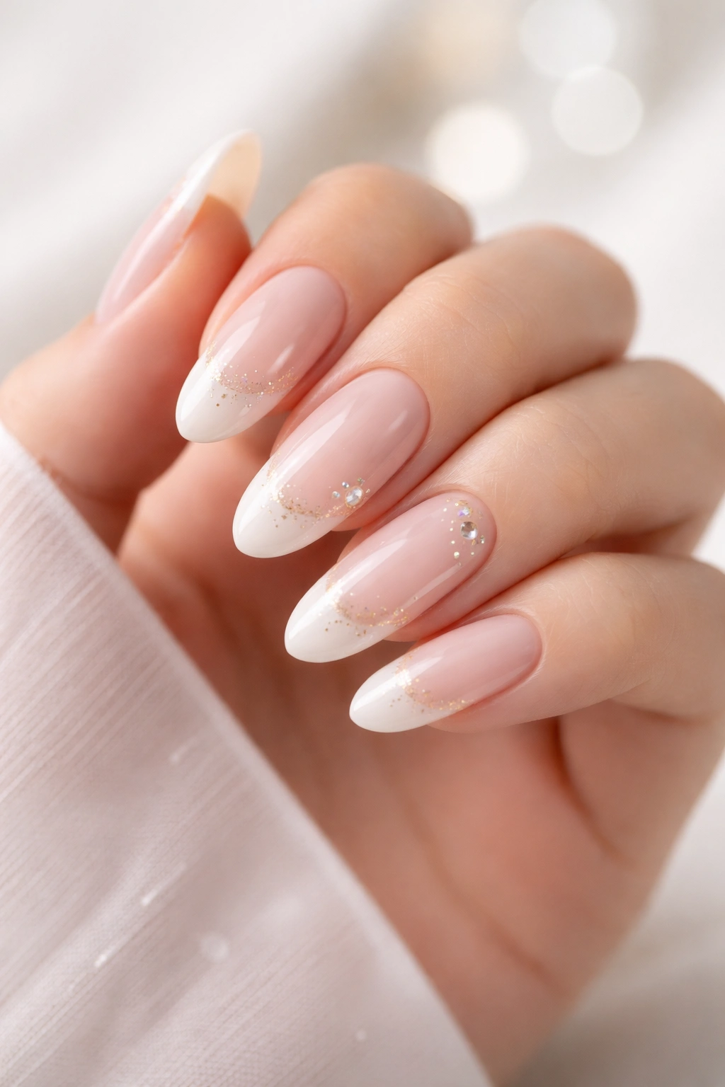 Close-up of elegant long round acrylic nails with minimalist design on neutral background