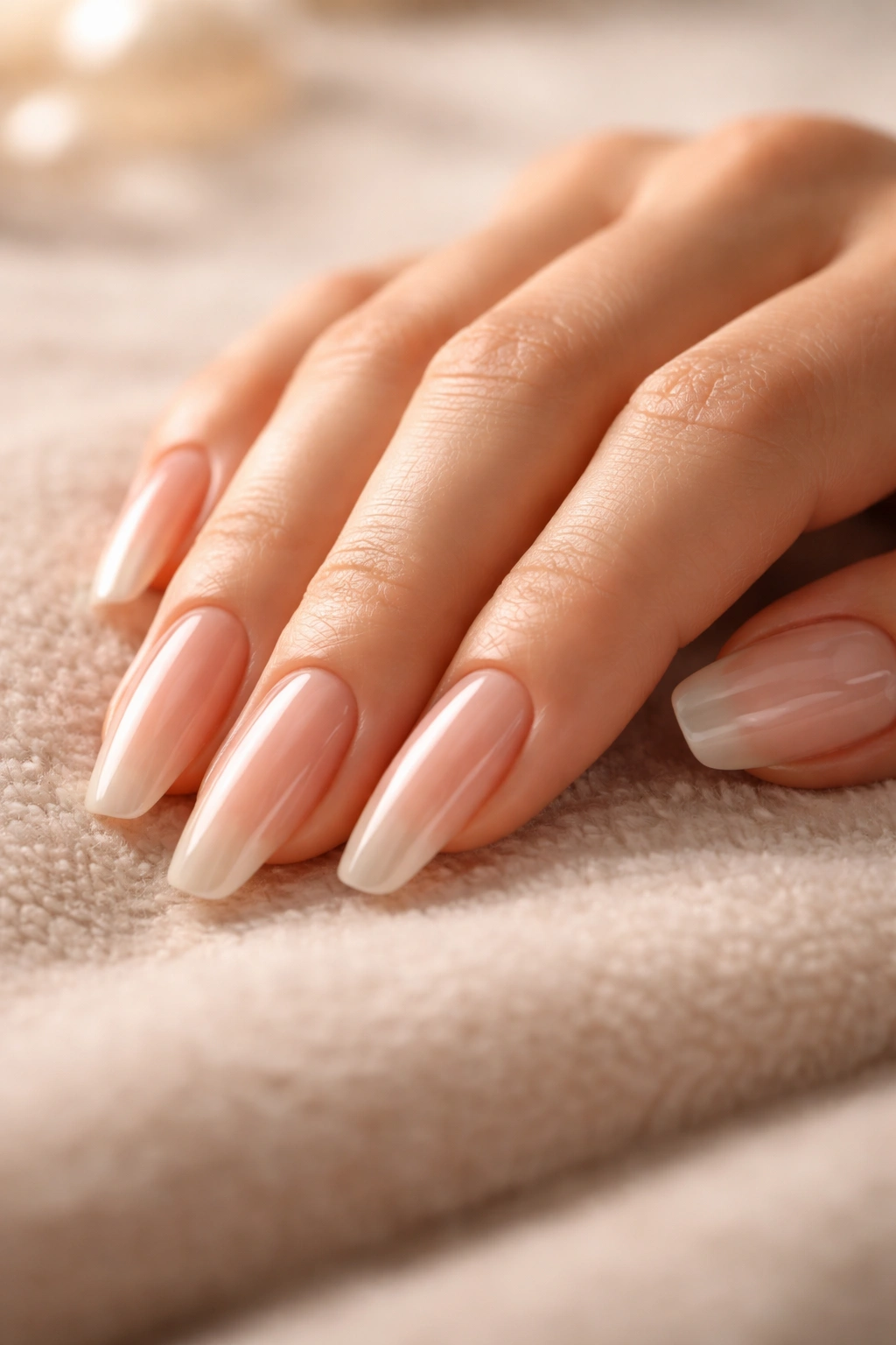 Close-up of a hand with long, unbroken nails showing healthy nails and moisturized cuticles